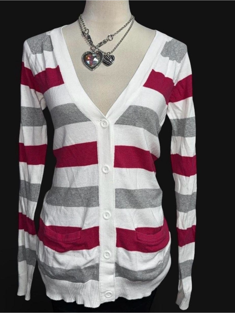 Arizona Jean Company White, Gray & Red Striped V-Neck Cardigan